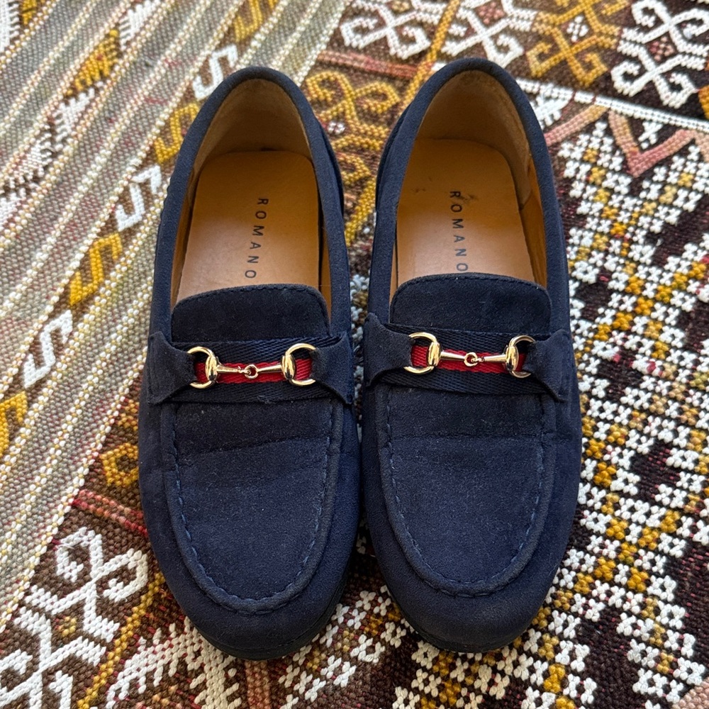 Romano Navy Kids Dress Shoes Loafer with Gold Accents